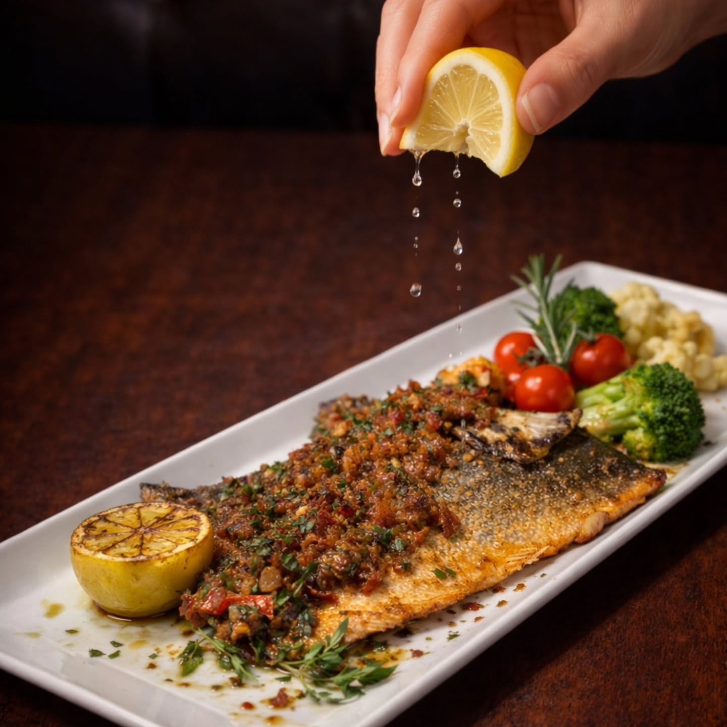 Grilled fish fillet with herb relish, seasonal vegetables and fresh lemon at Istanbul Village
