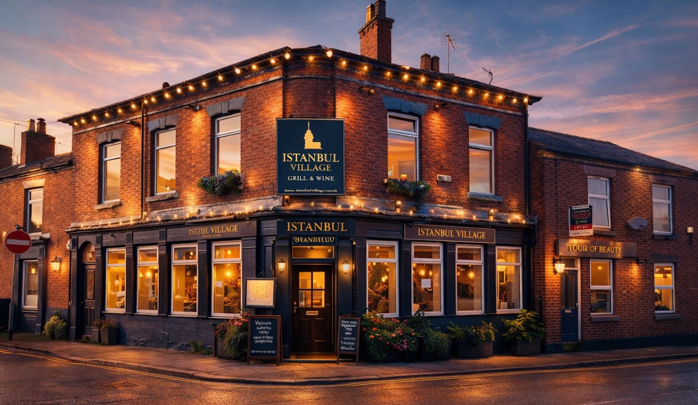 Istanbul Village Grill & Wine exterior at dusk on Antrobus Street, Congleton